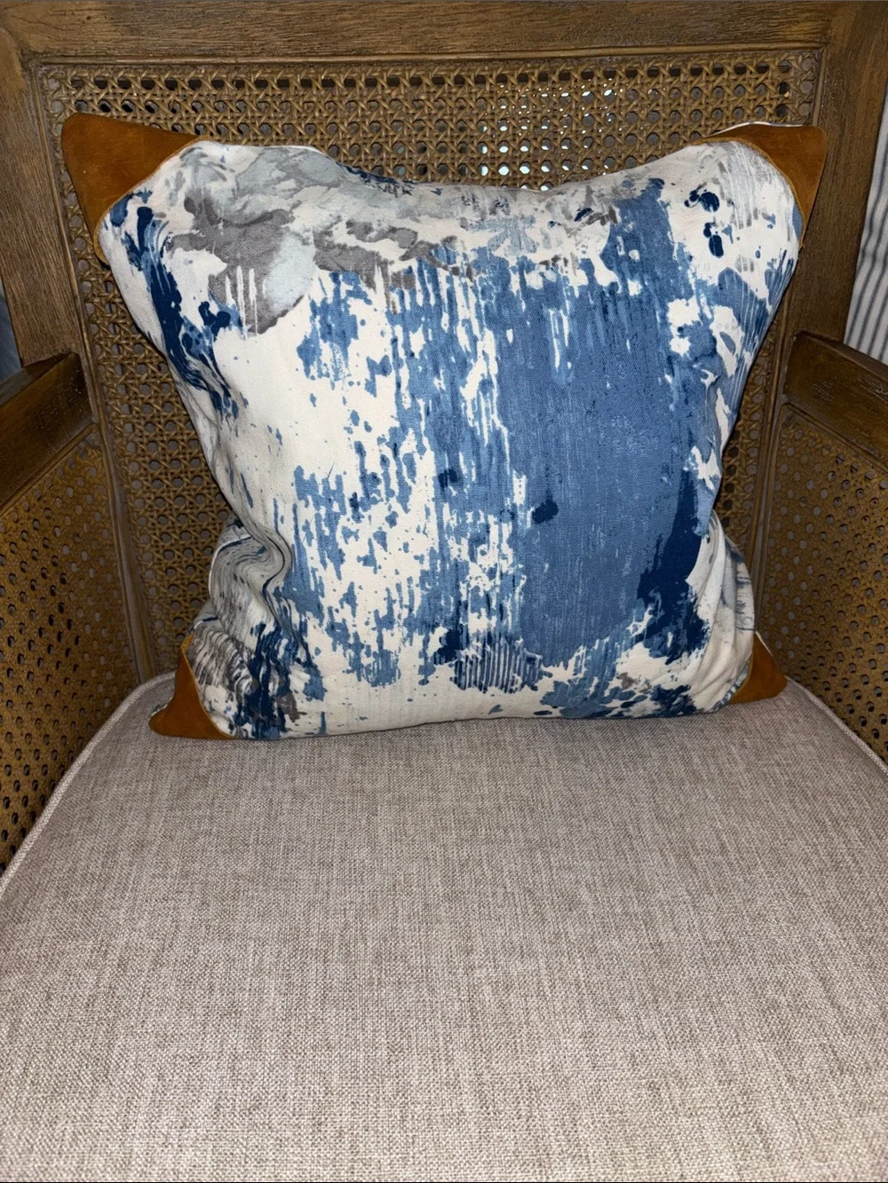 Abstract Blue & White Canvas Pillow cover Tan Leather Corners tie dye 17 x 17